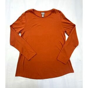Chico's Women's Orange Solid Knit Long Sleeve Round Neck Pullover Cotton Tee 2/L